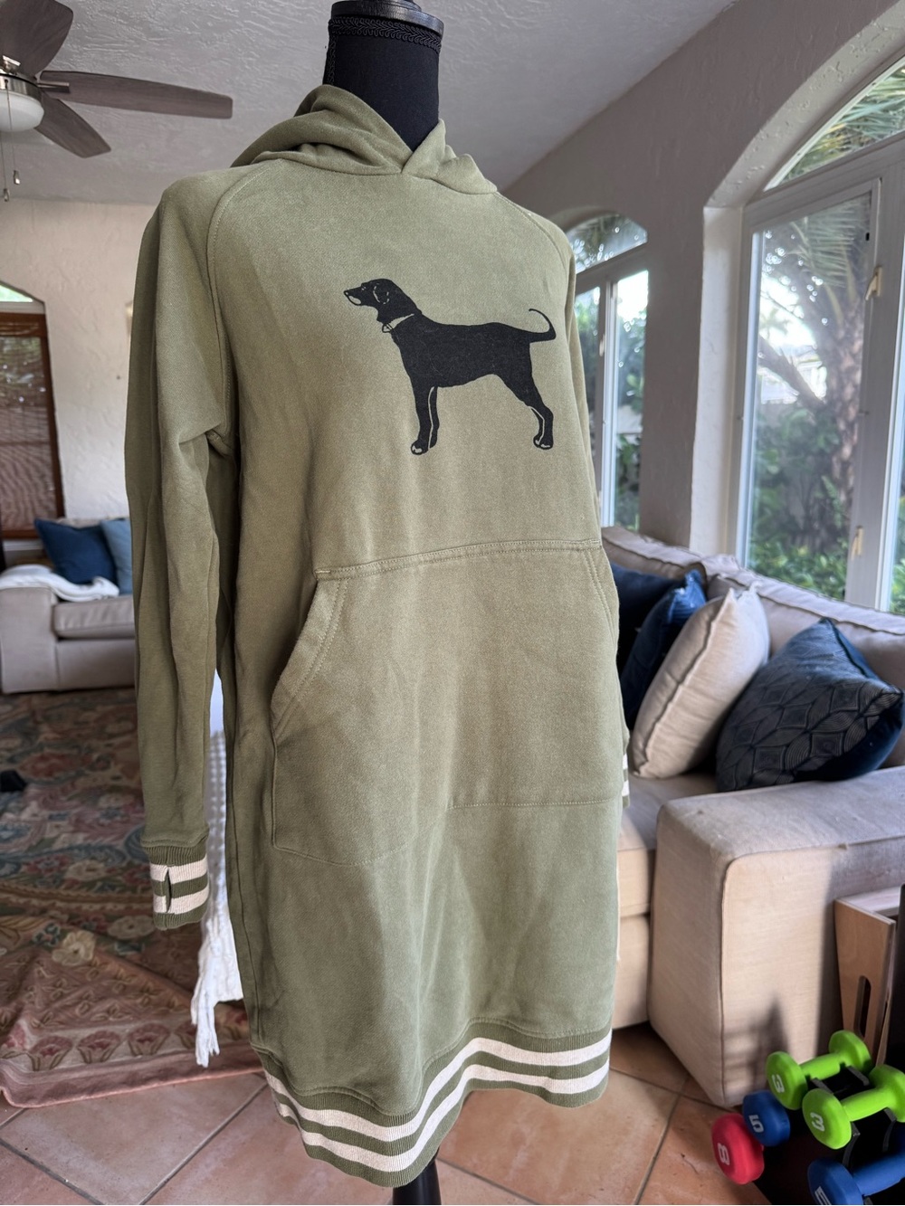 The Black Dog Olive Green Fleece-Lined Hooded Dress with Black Dog Trim